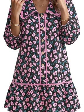 Amazon Women's Black Floral Dress with Pink Trim